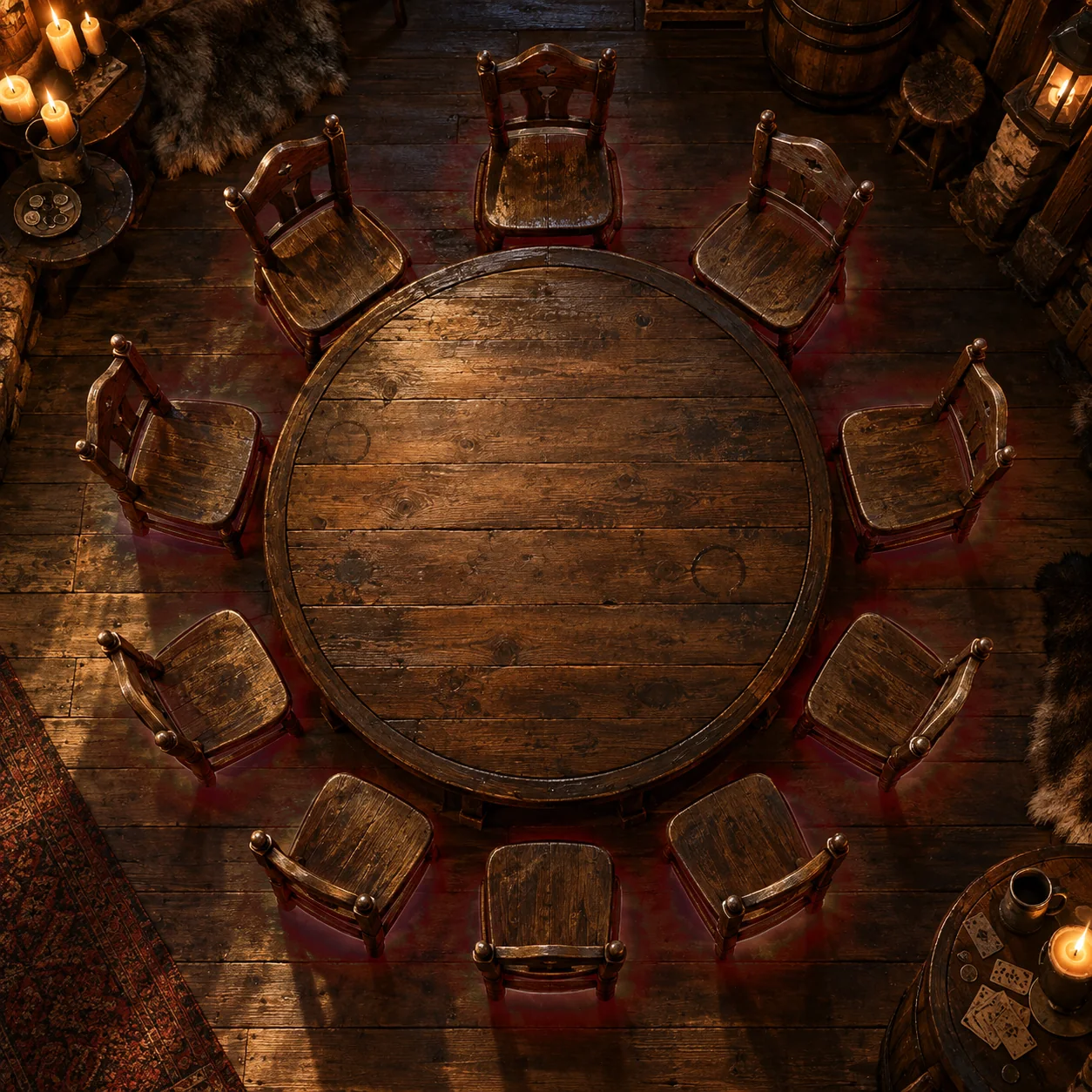 Table ronde en bois dans une taverne médiévale, entourée de dix chaises